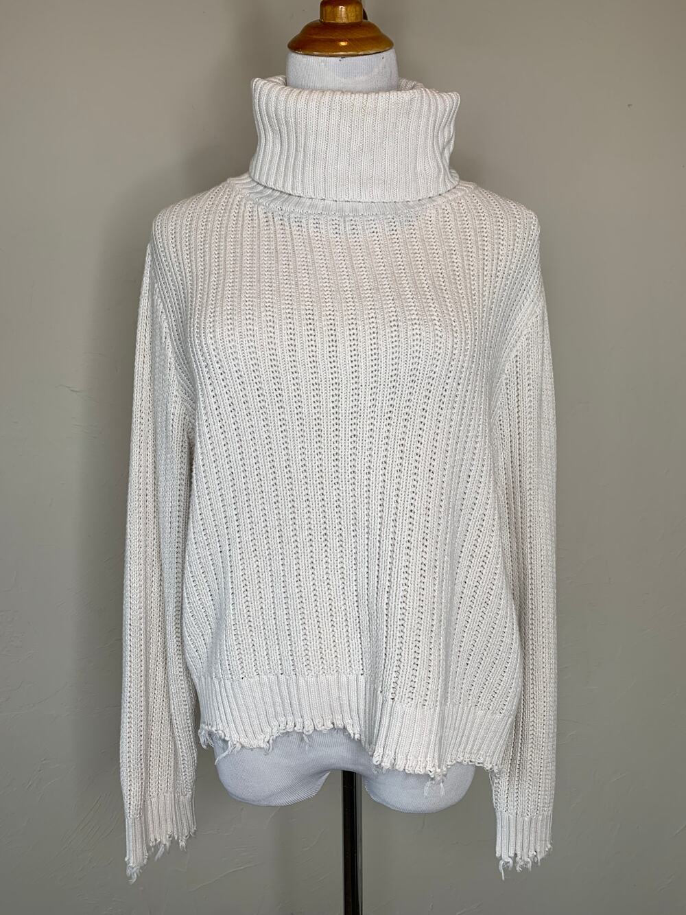 Z Supply Ribbed Turtleneck Sweater Raw Chewed Hems Cream Sz Large